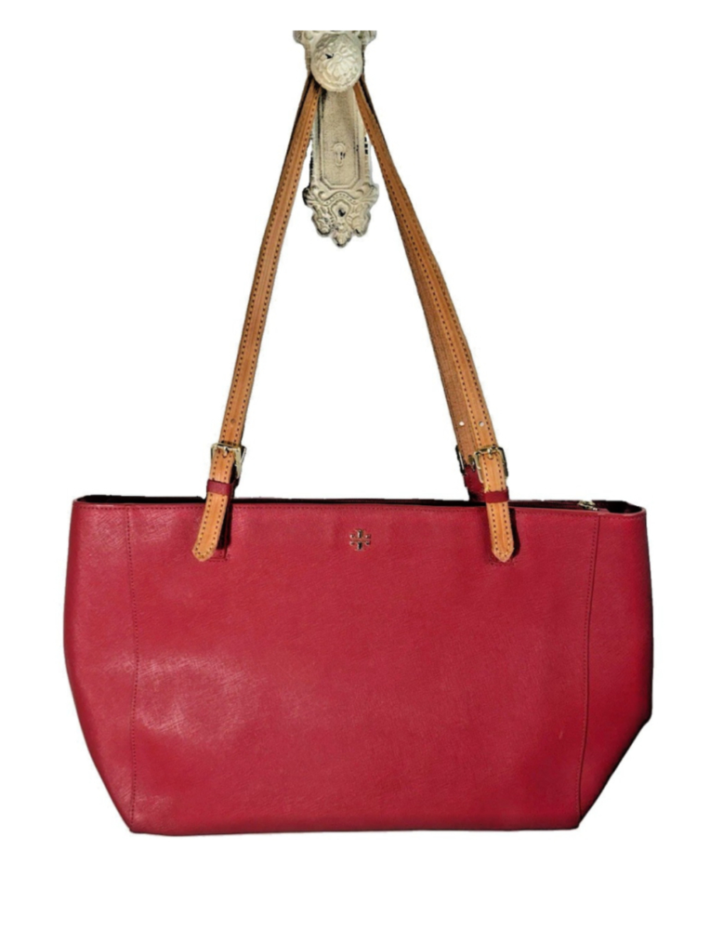 Tory Burch Buckle Large Red Saffiano Leather Laptop Tote Bag Purse new
